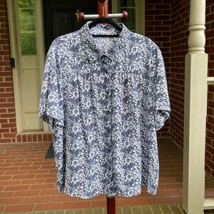 Liz Claiborne Linen Short Sleeve Collared Button Blouse Blue and White Floral 3X